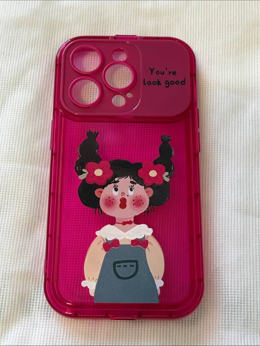 Hot Pink Cartoon Girl Protective iPhone 14 Pro Case with Mirror